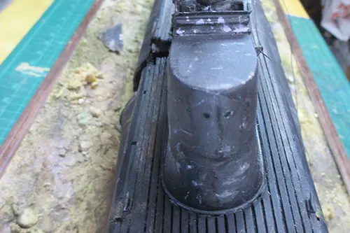 Top view of USS Wahoo submarine model showing conning tower and deck planking with weathered finish