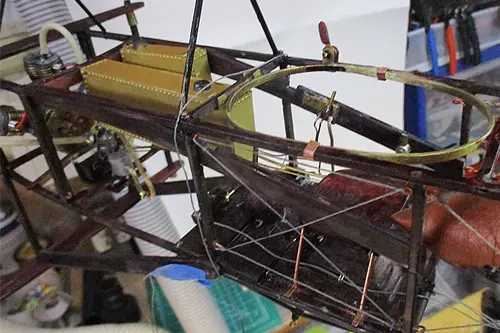 Close-up of Blériot XI fuselage framework around the cockpit and midsection showing structural members and bracing