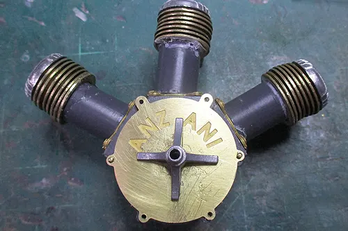 Front view of the engine on a Blériot XI model during construction showing early assembly and component placement
