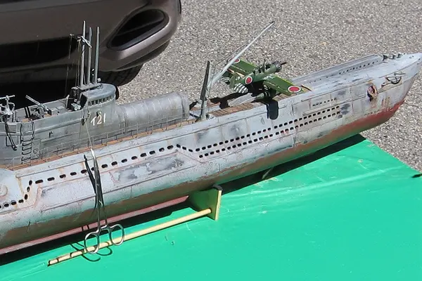 Scratch built I 21 submarine model with floatplane on the bow, showing the forward hull and conning tower